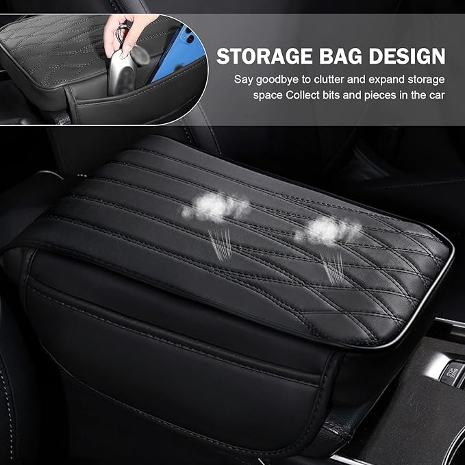 Car Center Console Cover, Memory Foam Armrest Increase Pad, Leather Car Armrest Box with Side Pockets, Universal for Most Cars (Black)