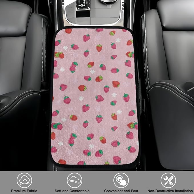 CLOHOMIN Pink Strawberry Car Center Console Cover Cute Armrest Cover for Car Truck Van Flannel Auto Arm Rest Cover Accessories with Elastic Bands