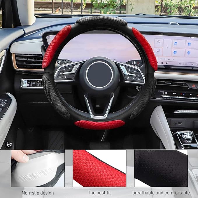 Car Steering Wheel Cover, Breathable Sporty Auto Wheels Wrap, 15 Inch Suede Steering Wheel Protector with Comfortable Grip, Steering Wheel Cover Hand Pad Cushion Slip-on for Cars (Black Red)