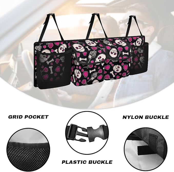 CLOHOMIN Skull Auto Truck Organizer Pink Heart Car Rear Seat Back Storage Bag for Women Collapsible Hanging Pocket Organizer with 4 Pockets Car Interior Accessories