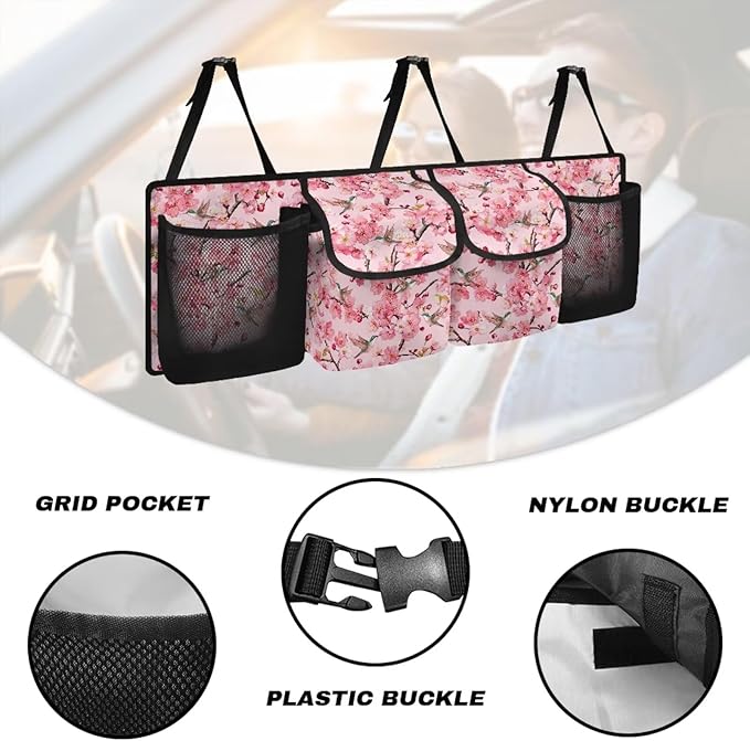 Cherry Blossom Car Trunk Organizer SUV Accessories, Hummingbird Car Organizer Decorations Adjustable Space-Saving Car Organization for SUV/MPV/Truck/Sedan, Your Trunk to Look Organized and Nice