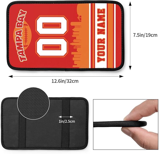 Custom Tampa Bay Car Armrest Covers Personalized Football Style with Name Number Customized Auto Center Console Pad Car Handrail Box Cushion for Most Vehicle Decor Accessories, Fans Gift