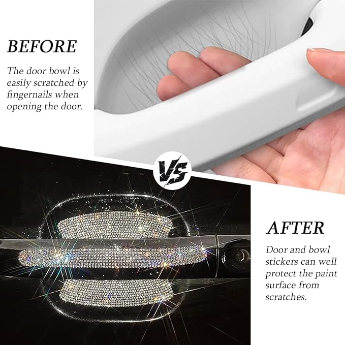 8PCS Bling Car Door Handle Protector, Crystal Rhinestone Anti-Scratch Vehicle Door Handle Bowl Stickers, Glitter Automotive Exterior Decal Accessories, Universal for Vehicles (White)