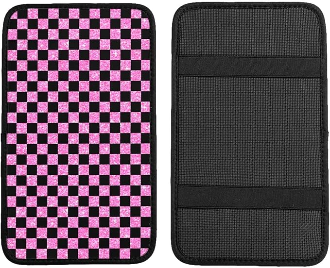 Glitter Pink Black Checkered Chessboard Flag Car Armrest Pad Cute Cars Center Console Cover Auto Handrail Box Cushion Armrests Cover