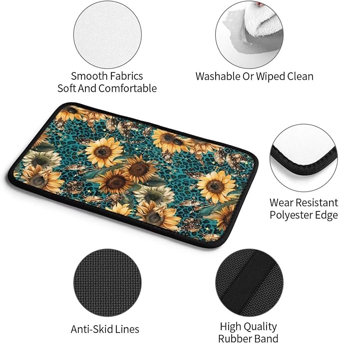 Sunflower Leopard Print Center Console Armrest Cover Flower Floral Arm Rest Seat Box Covers Protector Blue Vintage Car Decor Accessories Padding for Most Cars Sedans Vans Truck SUVs