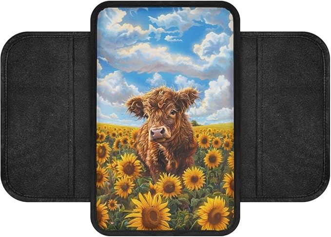 Dreaweet Highland Cow Car Accessories Center Console Cover Armrest Cover for Car Center Console Cushion Pad Car Armrest Seat Box Cover Protector with 2 Storage Pockets