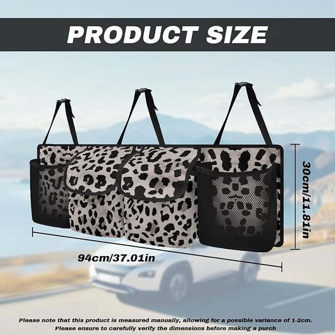 SEANATIVE Black Leopard Print Car Trunk Organizer, Hanging Trunk Organizer for SUV, Backseat Car Organizer with 4 Large Compartments, Car Accessories Interior, Space Saving Expert