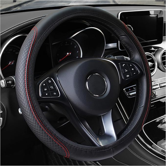 Leather Steering Wheel Cover,Anti Slip Car Steering Wheel Cover for Car Decorations & Steering Wheel Protections,Universal 15Inch Wheel Cover Car Interior Accessories for Men & Women (Black+Red)