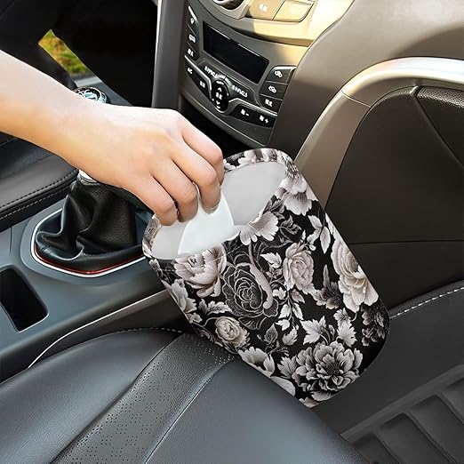Brosoneto Car Trash Can - Black and White Flowers Printing Garbage Bin Decoration for Car Interior, Front Seat, Back Seat, Floor, Headrest - SUV, Trucks