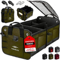 DURABLEZ Heavy Duty Foldable Trunk Organizer 2-Section – Dual-Compartment Car Cargo Box with Non-Slip Pads & Removable Dividers – Green