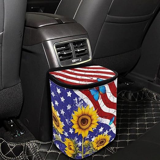 4th of July Car Trash Can with Lid Hanging Car Trash Bag Leak-Proof Portable Cars Garbage Bin Sedan Accessories Interior Cars Organizer, USA Flag Sunflower Print