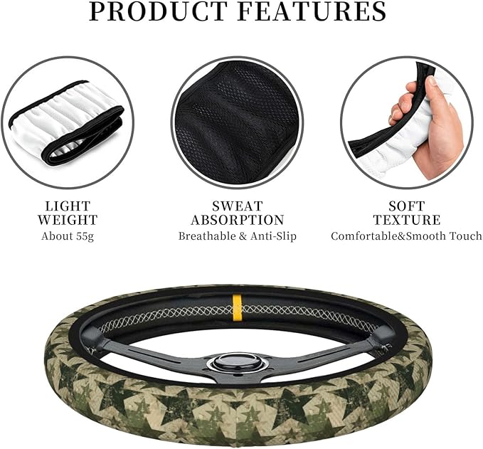 Star Army Green Steering Wheel Cover for Women Men Girls, Car Accessories Decor Thickened Anti-Slip Auto Steering Wheel Covers Protector Universal Fit 15 Inch for Cars, Truck, SUV
