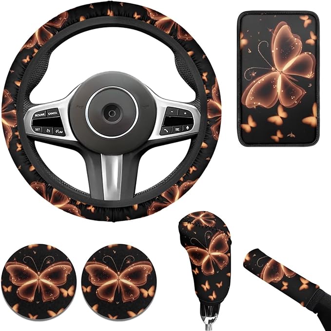 Butterfly 6pcs Car Steering Wheel Cover Sets Yellow Car Accessories for Men Women Cup Holder Handbrake Gear Cover for SUV Truck Sedan