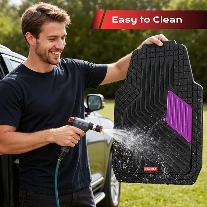 Coverado Car Floor Mats Full Set – Heavy-Duty PVC Floor Mats with Purple Metallic Heel Pad, All-Weather Protection for Front & Rear, Non-Slip Backing, Easy-Clean Interior Liners