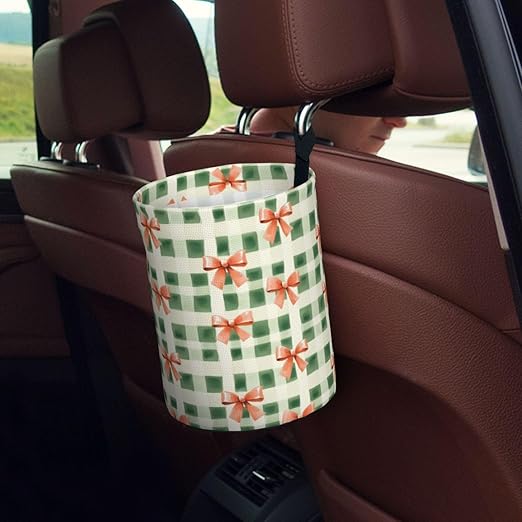 Green Plaid Red Bow Car Trash Can Leak-Proof Waterproof Hanging Trash Bin Collapsible Garbage Can for Car Accessories Travelling Camping