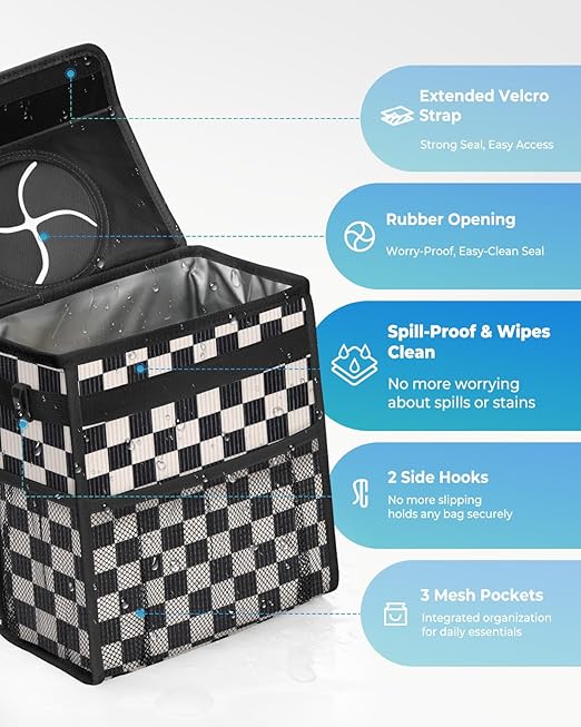 HORJONES Corduroy Car Trash Can with Lid and Mesh Pockets - Leakproof Organizer,Multipurpose Waterproof Garbage Can/Trash Bin for Car(Black and White Check-2 Gallons)