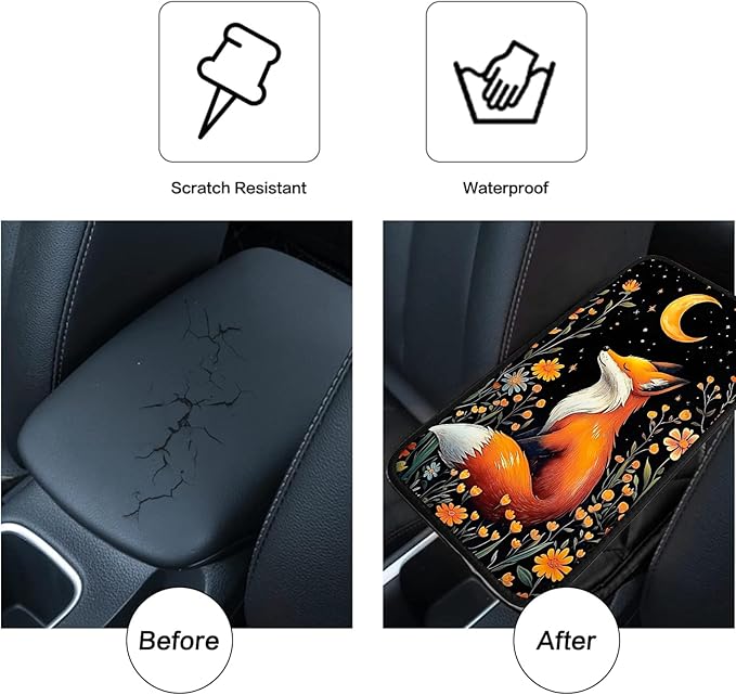 JANENFNA Car Armrest Cover Pads Universal Fashion Cute Auto Center Console Armrest Cover Pad with 2PCS Car Coasters Soft Waterproof Car Armrest Seat Protector for Women,Cute Fox Pattern