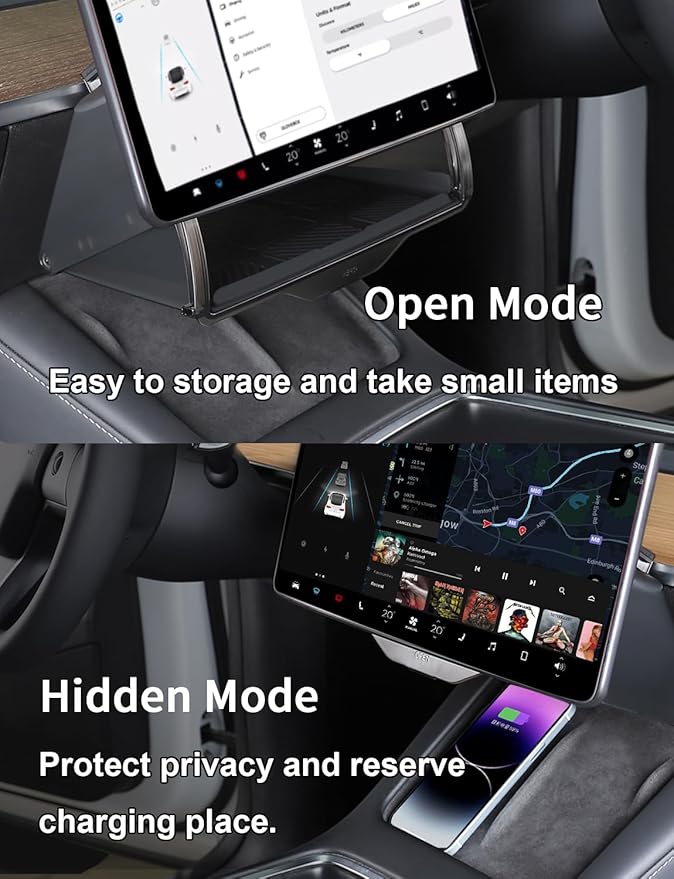 EVFITUS for Tesla Model Y 3 (Juniper & Highland Included) Under Screen Storage Shelf Organizer Tray Box Open-Close Hidden Center Console Organizer for Model Y 2020-2026 & Model 3 2017-2025 Accessories