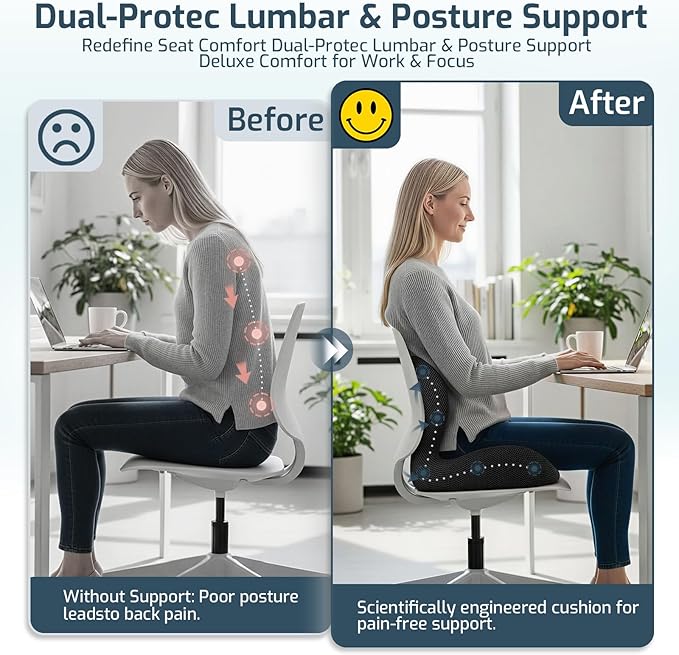 Office Chair Cushions with Lumbar Support Pillow, Soothe Back and Seat Cushion Memory Foam, Non Slip Adjustable Strap for Lower Back Pain Sciatica Relief Office Workers Car Drivers (Black+ Gray)