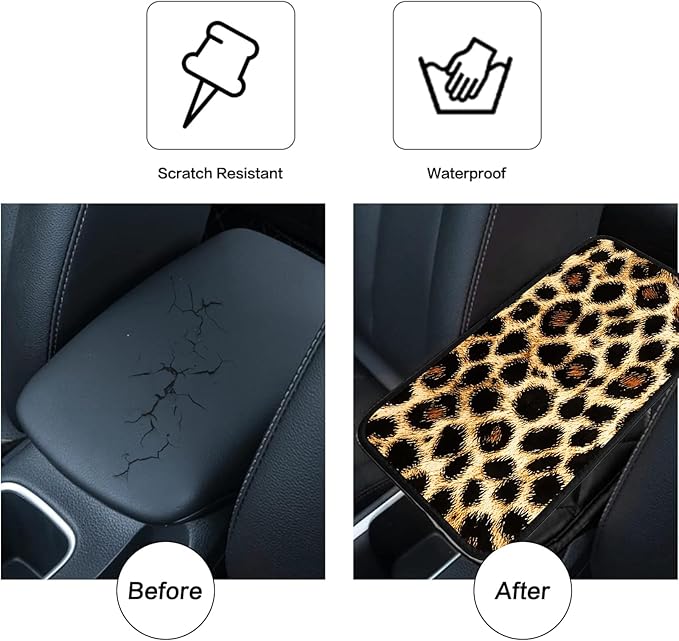 JANENFNA Car Armrest Cover Pads Universal Fashion Cute Auto Center Console Armrest Cover Pad with 2PCS Car Coasters Soft Waterproof Car Armrest Seat Protector for Women,Leopard Pattern