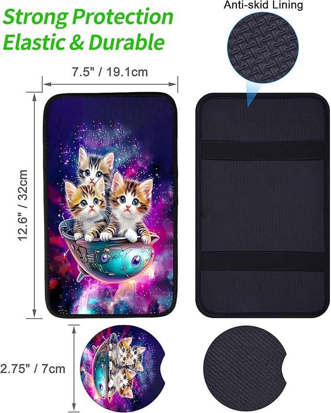 JANENFNA Car Armrest Cover Pads Universal Fashion Cute Auto Center Console Armrest Cover Pad with 2PCS Car Coasters Soft Waterproof Car Armrest Seat Protector for Women,Cute Cat in Spaceship