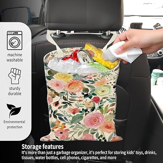 ADQWIOVL Car Garbage Can, Seat Back Hanging Cute Car Trash Can Bag, Car Organizer and Storage Bag for Travelling, Outdoor Cute Colorful Flower