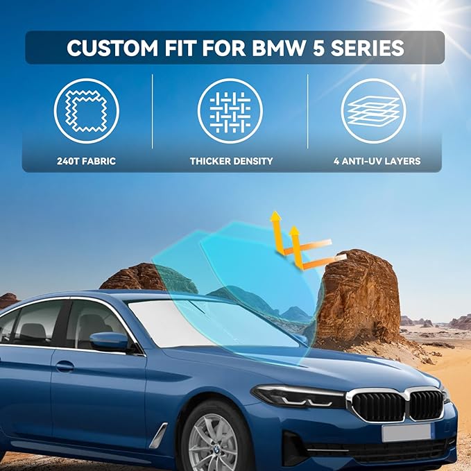 for BMW 5 Series 2017-2025 Windshield Sun Shade - 4 Layers for Front Windows Shade Cover Custom Fit 5 Series 525i 520i 528i 530i 535d 535i 550i 240T Retractable Shade Blocks UV Rays Car Accessories