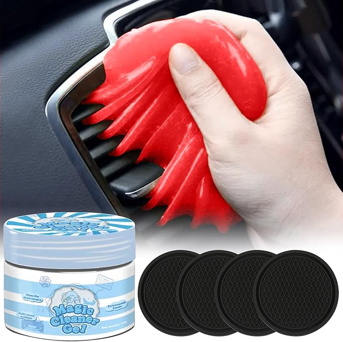 2-in-1 (Car Cleaning Gel for Car Detailing) and (4 Pack of 2.8-inch Car Coasters for Cup Holders) Automotive Dust Cleaning Putty Car Slime for Cleaning Car Interior, PC, Keyboard (Rose Red)