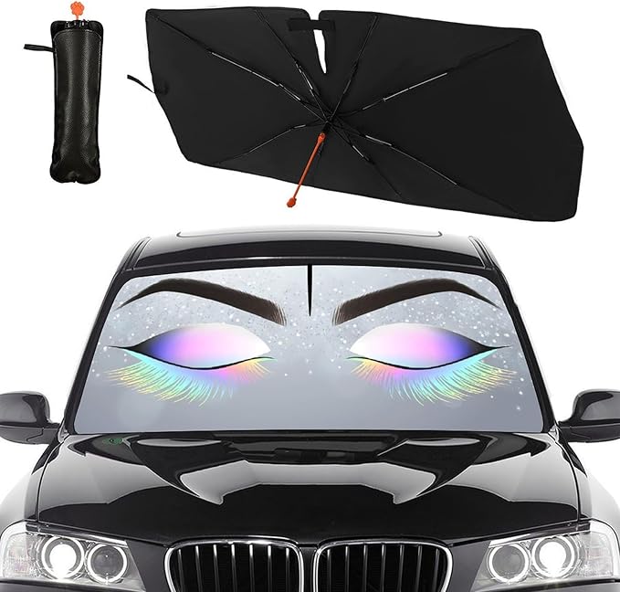 DOPINDU Eyelashes Car Windshield Sun Shade Umbrella with Bendable Handle Funny Eyes Eyelash Sunshade for Car Front Window Block UV Rays Foldable Sun Visor for Most Cars Trucks SUV 57"x30"