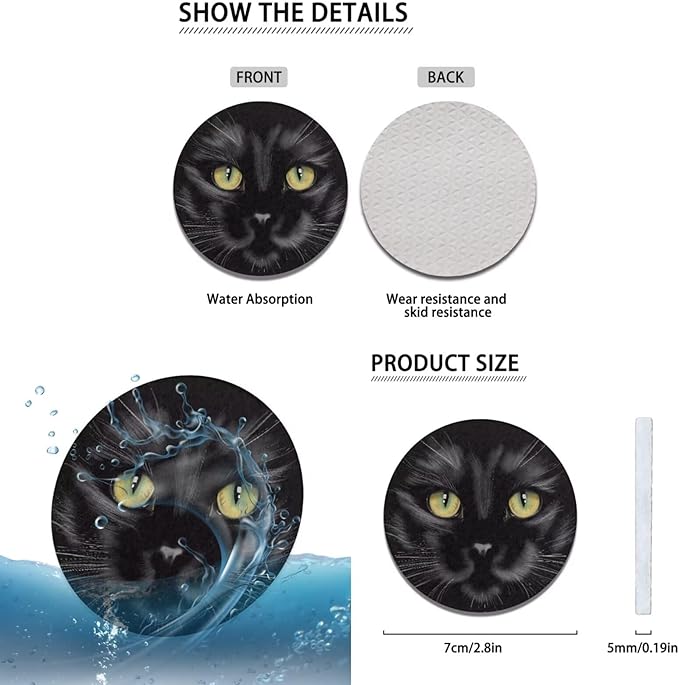 6 Pcs Black Cat Car Steering Wheel Covers Set Animal Cat Auto Interior Accessories Cup Holder Armrest Pad Seatbelt Cushion for Mens Womens