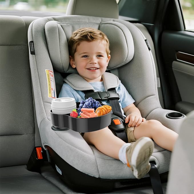 Kids Car Seat Tray, Travel Tray with Cup Holder for Toddler, Baby Car Seat Food Snack Organizer for Road Trip, Stroller snack tray travel must haves (Black 2 Packs)