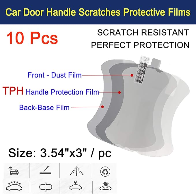 10Pcs Car Door Handle Scratch Protector Film Clear TPH Door Handle Cup Protector, Self-Adhesive Vinyl Anti-Scratch Cover, Universal Car Exterior Protection