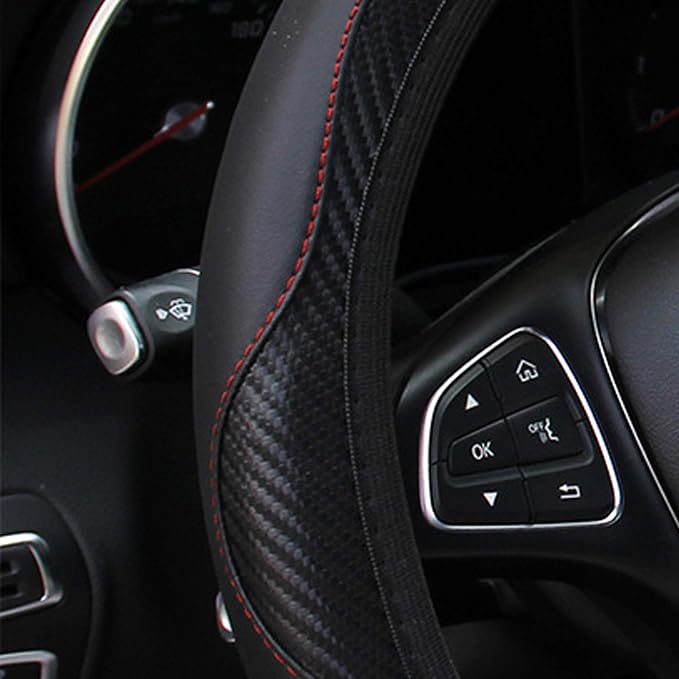 Car Steering Wheel Cover, 15 inch Carbon Fiber Microfiber PU Leather Elastic Steering Wheel Protector for Men Women, Anti-Slip Breathable Car Interior Accessories for Most Cars (Black)
