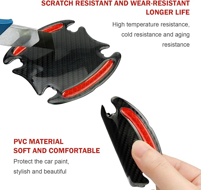 8PCS 3D Carbon Fiber Car Door Handle Protector Sticker, Universal Auto Door Handle Anti Scratch Cover Guard, Car Outdoor Safety Reflective Strips, Paint Guard Protective Films(Red)