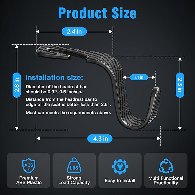 Amooca Car Seat Headrest Hook 4 Pack Hanger Universal Vehicle Car Storage Organizer for Handbag Purse Coat S Type Checkered Black