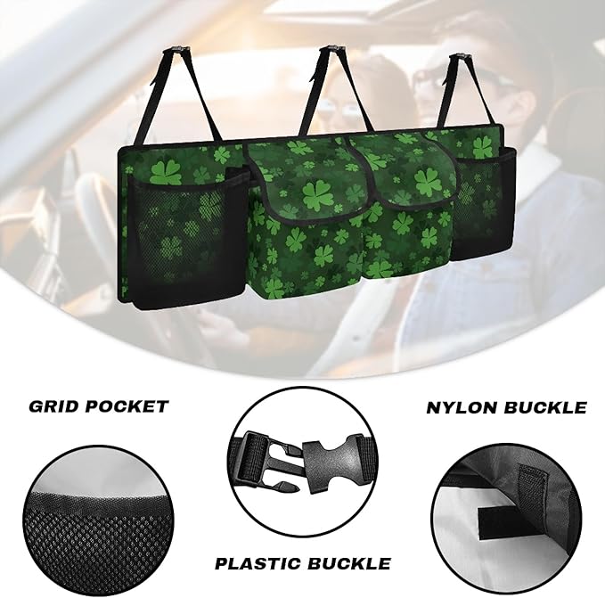 CLOHOMIN St. Patrick's Day Car Trunk Organizer SUV Trunk Organizer Green Leaf Car Backseat Storage Bag with 4 Pockets Hanging Backseat Organizer with Adjustable Straps Auto Accessories