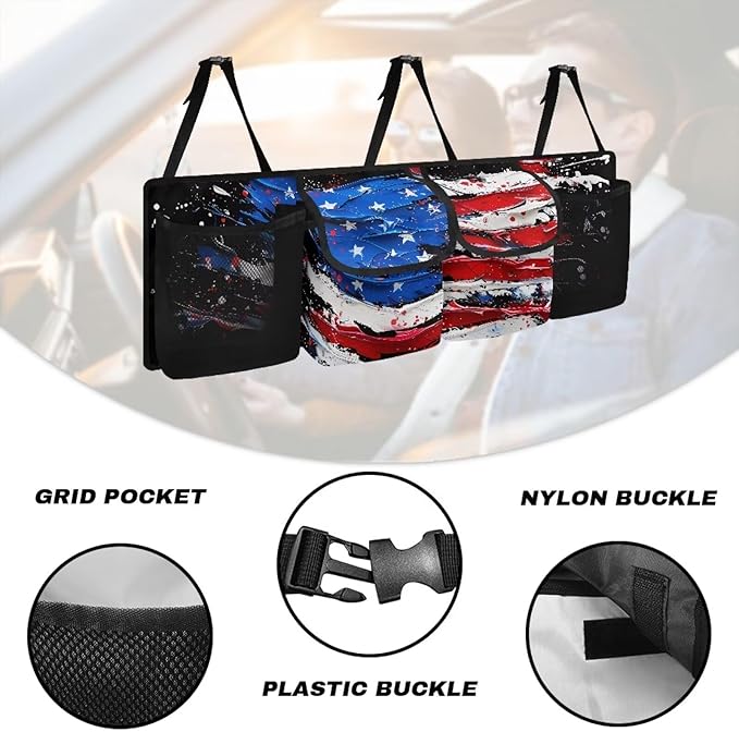 American Flag Print Car Trunk Organizer and Storage, Backseat Hanging Organizer for SUV, Truck, Collapsible Cargo Storage Bag with 4 Pockets, Car Interior Accessories for Men and Women