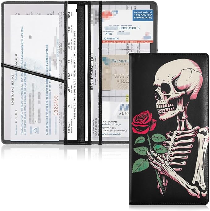 Gothic Skull Pink Rose Car Registration and Insurance Holder Vehicle Glove Box Organizer Car Accessories Wallet Case for Women Men 202a1364