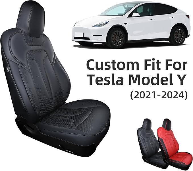OURPLOT Custom Fit Seat Covers for 2020-2024 Tesla Model Y (5-Seater), Waterproof Nappa Leather, OEM Factory Style Full Set Car Seat Protectors Airbag Compatible - Black