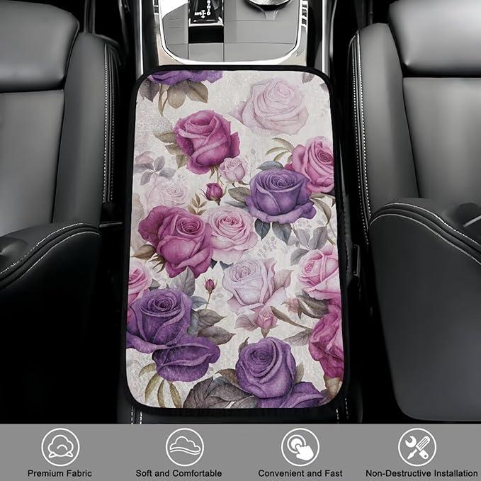 Bulopur Purple Rose Print Center Console Cover Car Center Console Cover Fashion Auto Interior Protect from Pet Claws Flannel Car Console Covers Fit for Most Cars, Vehicles, SUVs
