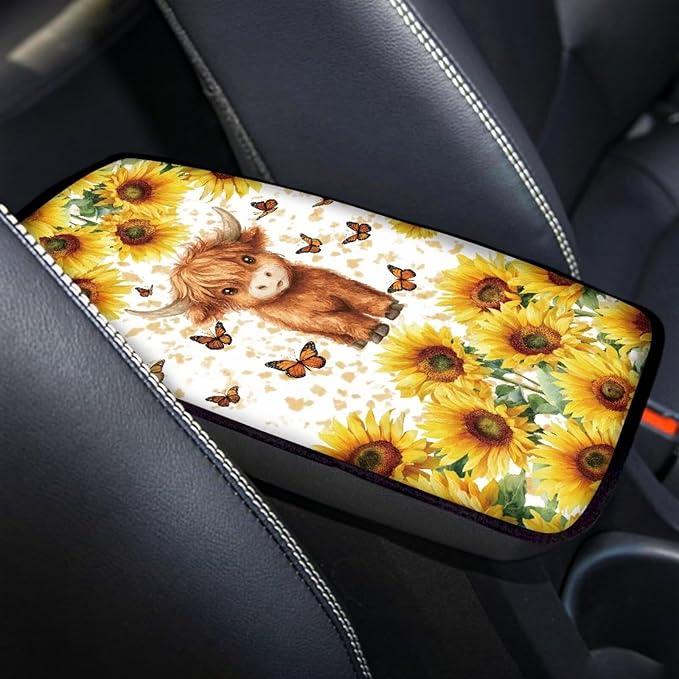 Floral Highland Cow Car Center Console Cover Cute Cattle Automotive Center Console Cushion Protector Non Slip Armrest Box Pad Cute Cow Car Accessories for Women Girls