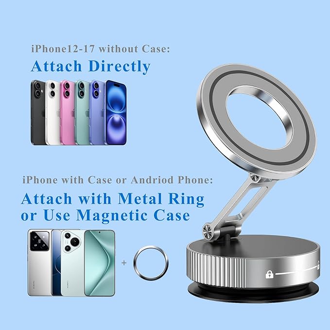 LnkXT Vacuum Magnetic Phone Holder for Car,Full Metal Body,Vacuum Suction Phone Mount,Magsafe Car Mount for iPhone, Folding Holder for iPhone and Android (White)