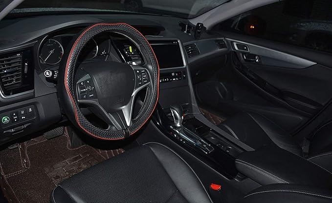 Microfiber Leather Car Steering Wheel Cover, Soft Padding, Durable, No Smell, Universal 15 Inch Steering Cover, Anti-Slip Embossing Pattern A, Black with Red Line