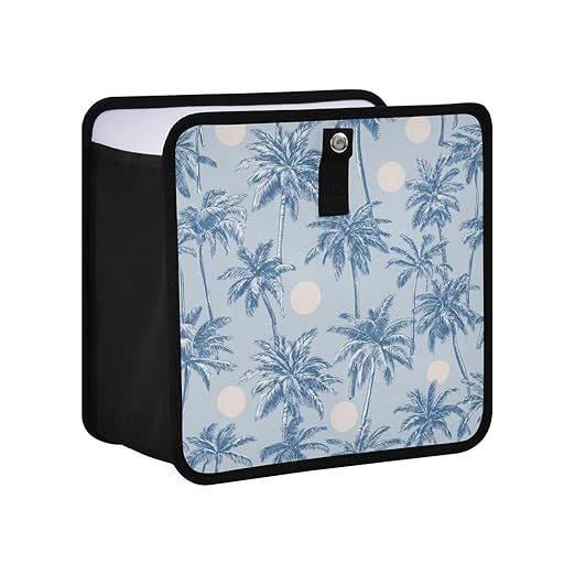 Car Trash Can Organizer Bin with Adjustable Strap for Back Front Seat Console Waterproof Leakproof Collapsible Portable 11 Inch Light Blue Palm Trees and Sun