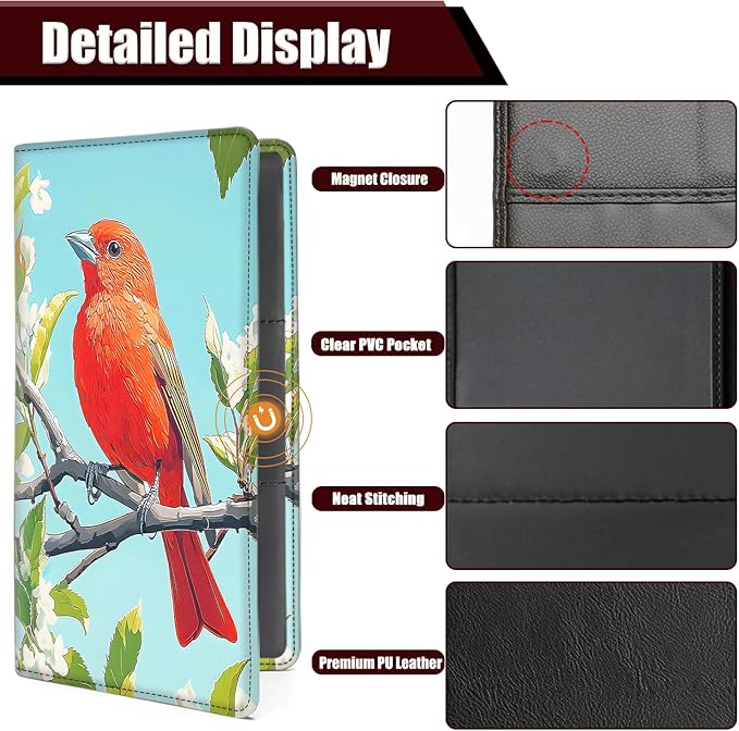 Car Document Holder with Magnetic Shut, Car Registration and Insurance Card Holder, Vehicle Glove Box Organizer Documents, Driver License, Auto Paperwork Organizer Wallet, Red Bird On The Branch