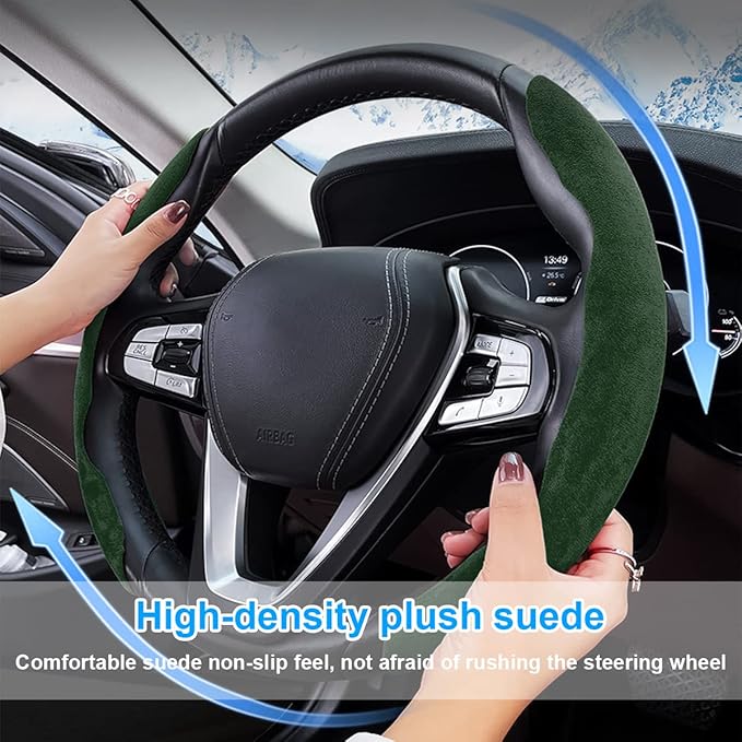 Car Steering Wheel Cover, Microfiber Suede Leather and Carbon Fiber Double Sided Design, Warm in Winter and Cool in Summer, Breathable Non Slip Segmented Protector for Most Cars (Turn Fur/Green)