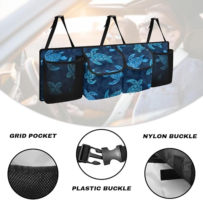 Car Trunk Hanging Organizer, Blue Turtle Thick Backseat Storage Bag with 2 Pockets, 2 Mesh Pockets and 3 Adjustable Shoulder Straps, Foldable Interior Accessories