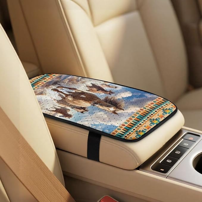 FUSURIRE Car Seat Covers Aztec Horse Print PU Front Seat Covers, Seat Belt Covers & Center Armrest Pad Universal Fit Interior Accessories for Cars Trucks and SUVs