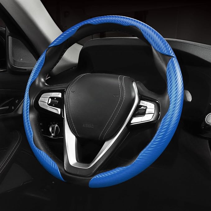 Carbon Fiber Steering Wheel Cover 3pcs Anti-Slip Car Steering Wheel Accessories Snap on Grip 15 inch Universal Blue