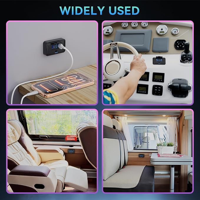 108W 4 Ports 12V RV USB Switch Outlet, 2 * 36W PD3.0 Type-C + 2 * 18W QC3.0 Quick Charge Panel Wall Mount Car Charger Socket Waterproof Multi-Port Adapter for Marine Truck Boat ATV Bus